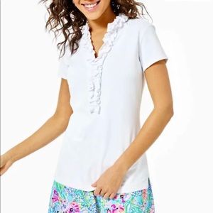 LILLY PULITZER UPF 50+ LUXLETIC FRIDA RUFFLE POLO TOP RESORT WHITE